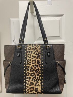 Michael Kors Black & Leopard-Print Studded Tote